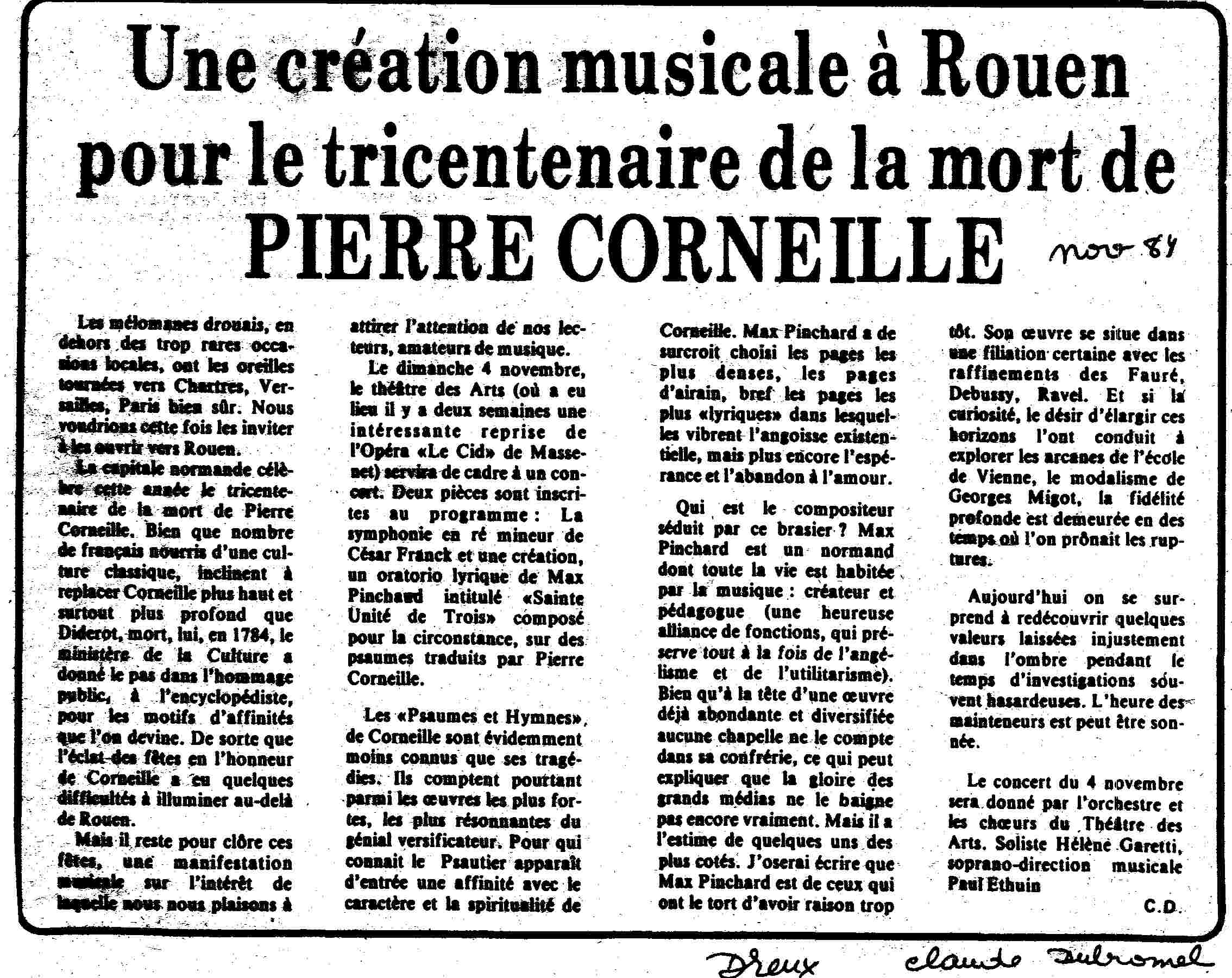 Une création musicale à Rouen pour le tricentenaire de la mort de PIERRE CORNEILLE